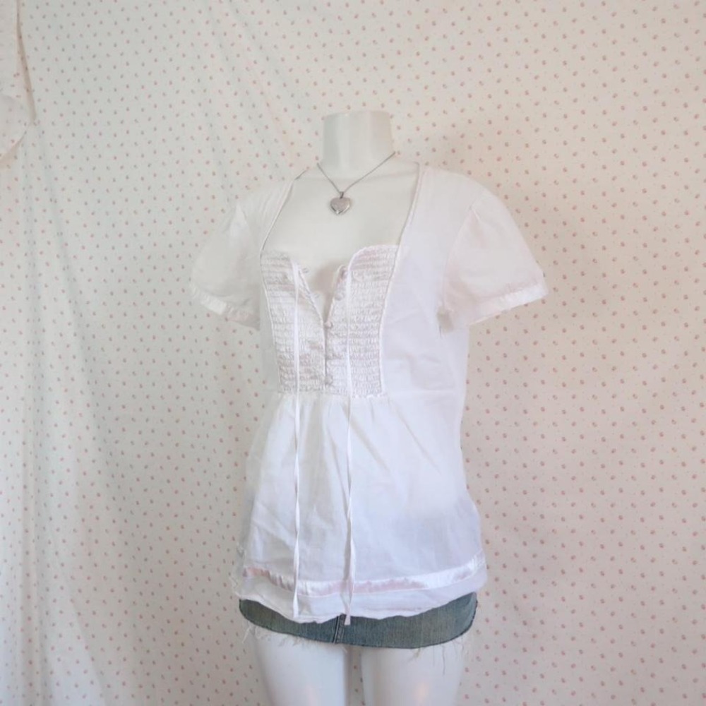 vintage suzy shier white milkmaid puff sleeve blouse coquette babydoll y2k top - Picture 2 of 5